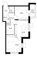Планировка двухкомнатной(квартира) площадью 54.5 квадратных метров в “ЖК 1-й Саларьевский (Первый Саларьевский)”