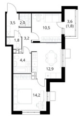 Планировка двухкомнатной(квартира) площадью 54.5 квадратных метров в ЖК “ЖК 1-й Саларьевский (Первый Саларьевский)”