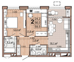 Планировка двухкомнатной(квартира) площадью 59.5 квадратных метров в “ЖК Гранд Комфорт”