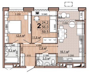 Планировка двухкомнатной(квартира) площадью 59.5 квадратных метров в ЖК “ЖК Гранд Комфорт”