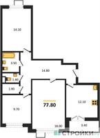 Планировка трехкомнатной(квартира) площадью 77.8 квадратных метров в “ЖК 1-й Южный (Первый Южный)”