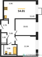 Планировка двухкомнатной(квартира) площадью 54.01 квадратных метров в “ЖК Пригород Лесное”