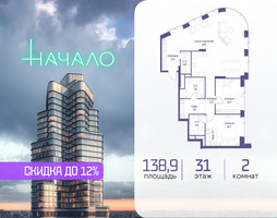 Планировка двухкомнатной(квартира) площадью 138.9 квадратных метров в “ЖК Начало”