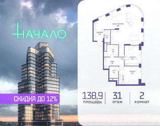 Планировка двухкомнатной(квартира) площадью 138.9 квадратных метров в ЖК “ЖК Начало”