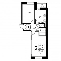 Планировка двухкомнатной(квартира) площадью 61.2 квадратных метров в ЖК “ЖК Космос”