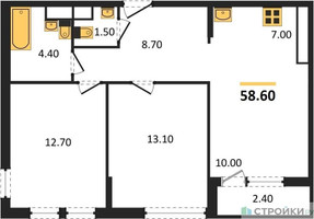 Планировка двухкомнатной(квартира) площадью 58.6 квадратных метров в “ЖК Южные сады”