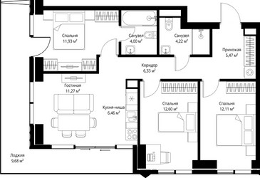 Планировка трехкомнатной(квартира) площадью 84.07 квадратных метров в ЖК “ЖК Джойс”