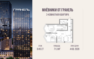 Планировка трехкомнатной(квартира) площадью 71.3 квадратных метров в “ЖК Мневники от Гранель”