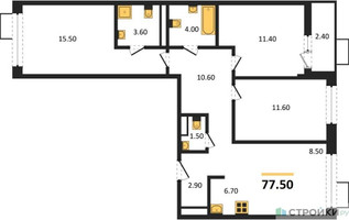 Планировка трехкомнатной(квартира) площадью 77.5 квадратных метров в “ЖК Родные кварталы”