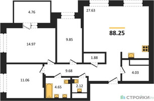Планировка трехкомнатной(квартира) площадью 88.25 квадратных метров в “ЖК ВОСТОК II”