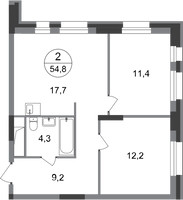Планировка двухкомнатной(квартира) площадью 54.8 квадратных метров в “ЖК Первый Московский”