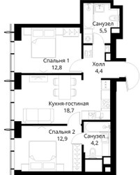 Планировка двухкомнатной(квартира) площадью 58.5 квадратных метров в ЖК “ЖК Сити Бэй”