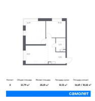 Планировка двухкомнатной(квартира) площадью 51.79 квадратных метров в “ЖК Цветочные Поляны”