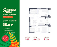 Планировка двухкомнатной(квартира) площадью 58.6 квадратных метров в “ЖК Южные сады”