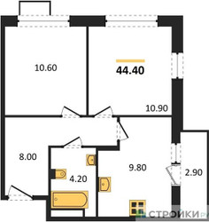 Планировка двухкомнатной(квартира) площадью 44.4 квадратных метров в ЖК “ЖК Прокшино”
