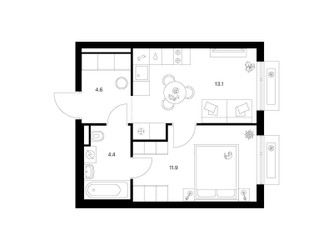 Планировка однокомнатной(квартира) площадью 34 квадратных метров в ЖК “ЖК Зеленый парк”