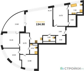 Планировка 4+ комнатной(квартира) площадью 134.9 квадратных метров в ЖК “ЖК Остров”