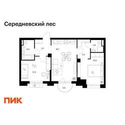 Планировка двухкомнатной(квартира) площадью 61.6 квадратных метров в ЖК “ЖК Середневский лес”