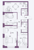 Планировка трехкомнатной(квартира) площадью 77.56 квадратных метров в “ЖК Страна.Парковая”