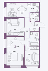 Планировка трехкомнатной(квартира) площадью 77.56 квадратных метров в ЖК “ЖК Страна.Парковая”