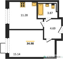 Планировка однокомнатной(квартира) площадью 34.98 квадратных метров в “ЖК Пригород Лесное”