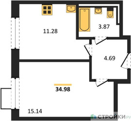 Планировка однокомнатной(квартира) площадью 34.98 квадратных метров в ЖК “ЖК Пригород Лесное”