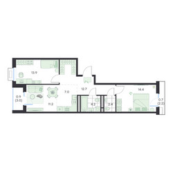 Планировка трехкомнатной(квартира) площадью 68 квадратных метров в ЖК “ЖК G3 Михалевич”
