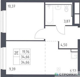 Планировка однокомнатной(квартира) площадью 34.66 квадратных метров в ЖК “ЖК Молжаниново”