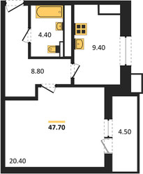 Планировка однокомнатной(квартира) площадью 47.7 квадратных метров в ЖК “ЖК Парк Легенд 2”