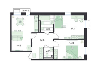 Планировка двухкомнатной(квартира) площадью 69.3 квадратных метров в ЖК “ЖК G3 Театральный”