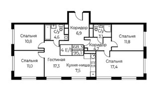 Планировка 4+ комнатной(апартаменты) площадью 95.6 квадратных метров в “ЖК Апарт-комплекс AIST RESIDENCE (Аист Резиденс)”