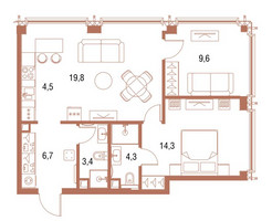 Планировка двухкомнатной(квартира) площадью 62.4 квадратных метров в “ЖК Симфония 34”