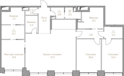 Планировка трехкомнатной(квартира) площадью 143 квадратных метров в ЖК “ЖК Коллекция Лужники”