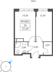 Планировка однокомнатной(апартаменты) площадью 37.2 квадратных метров в ЖК “ЖК Волковская 67”
