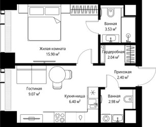 Планировка однокомнатной(квартира) площадью 42.32 квадратных метров в ЖК “ЖК Веер”