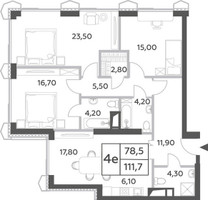 Планировка 4+ комнатной(квартира) площадью 112 квадратных метров в “ЖК Will Towers (Вилл Тауэрс)”