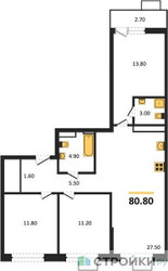 Планировка трехкомнатной(квартира) площадью 80.8 квадратных метров в ЖК “ЖК Скандинавия”