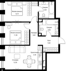 Планировка двухкомнатной(квартира) площадью 63.95 квадратных метров в ЖК “ЖК Сити Бэй”