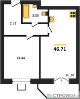 Планировка однокомнатной(квартира) площадью 46.71 квадратных метров в “ЖК Мечта”