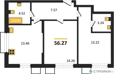 Планировка двухкомнатной(квартира) площадью 56.4 квадратных метров в ЖК “ЖК Бархат”