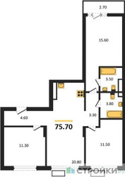 Планировка трехкомнатной(квартира) площадью 75.7 квадратных метров в ЖК “ЖК Деснаречье”
