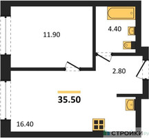 Планировка однокомнатной(квартира) площадью 35.5 квадратных метров в “ЖК "Коллекция"”