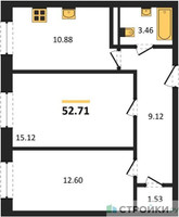 Планировка двухкомнатной(квартира) площадью 52.71 квадратных метров в “Ласточкино”