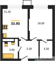 Планировка однокомнатной(квартира) площадью 33.9 квадратных метров в “ЖК Видный берег 2”