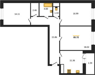 Планировка трехкомнатной(квартира) площадью 85.72 квадратных метров в ЖК “ЖК Эдельвейс (Первомайское)”