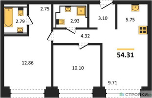 Планировка двухкомнатной(квартира) площадью 54.31 квадратных метров в “ЖК NOVA (Нова)”