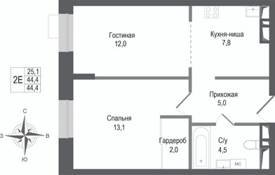 Планировка двухкомнатной(квартира) площадью 44.4 квадратных метров в “ЖК КИНОКВАРТАЛ”