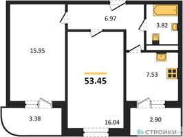 Планировка двухкомнатной(квартира) площадью 53.45 квадратных метров в “Ласточкино”