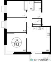 Планировка трехкомнатной(квартира) площадью 75.8 квадратных метров в “ЖК Одинцовские кварталы”