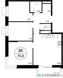 Планировка трехкомнатной(квартира) площадью 75.8 квадратных метров в ЖК “ЖК Одинцовские кварталы”
